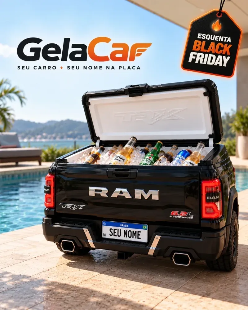 GelaCar personalizado na traseira de uma RAM TRX preta à beira da piscina